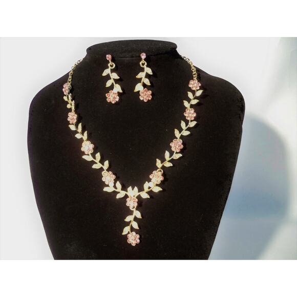 Pink floral vine rhinestone necklace set, wedding MOB prom formal necklace set - Picture 1 of 6